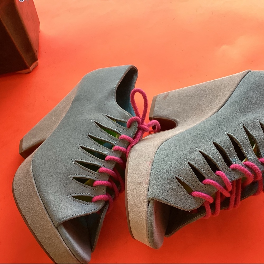 Deena & Ozzy blue suede wedge platforms